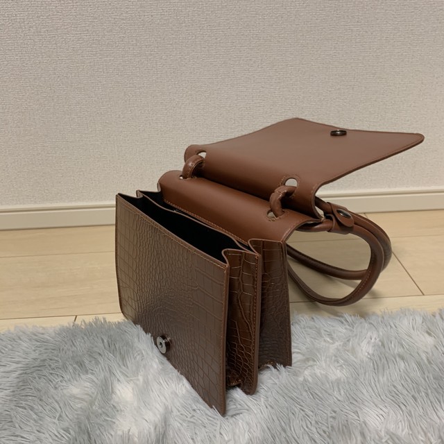 スクエアバッグ ブラウン ハンドバッグ ショルダーバッグ クロコ風 El