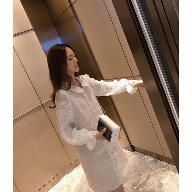 ワンピース シフォン フリル ツイード シースルー 丸襟 ミニ丈 Aライン 白 ホワイト 姫系 カワイイ 春 夏 秋 ボタン ガーリー フェミニン 妹 コーデ Like Fashion プラス