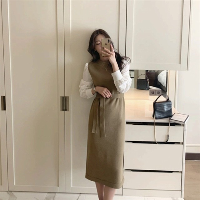 ニットワンピ ニットワンピース 40代 ロング タイト コーデ 50代 30代 ミモレ丈 長袖 ラウンドネック カジュアル Aライン ウエストマーク ゆったり 通勤 春 ワンピの里