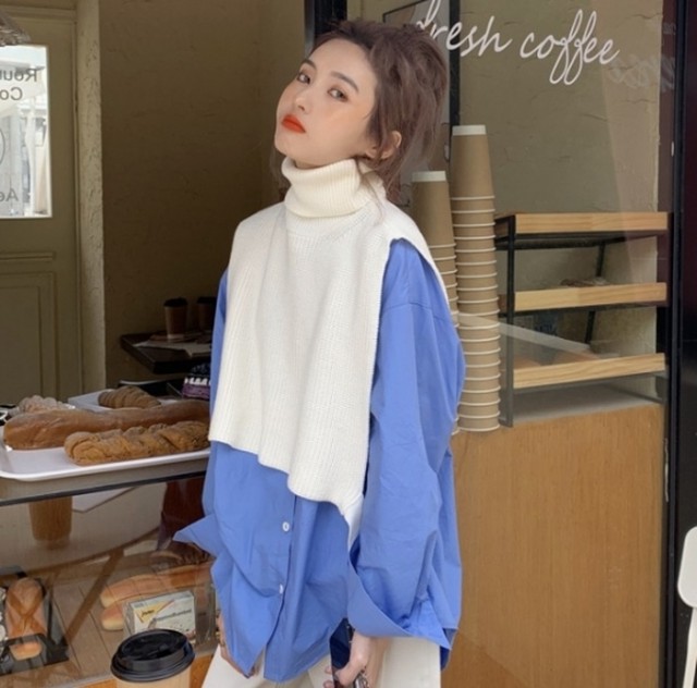 ニットベスト シャツ ロングシャツ ハイネック ベスト ニット レイヤード 重ね着 トレンド 無地 シンプル 秋冬 冬服 冬スペシャルセール ニットベスト シャツ ロングシャツ ハイネック ベスト Leaflower 001 リーフラワー レディースファッション専門店