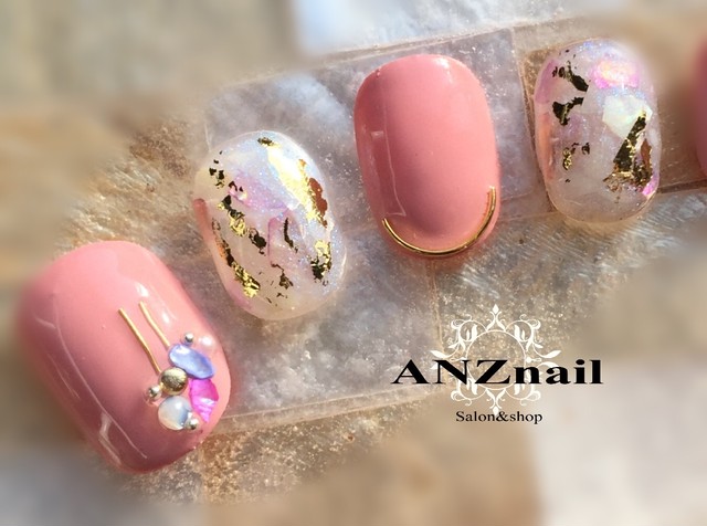 くすみピンクと埋め込みシェルデザイン 定形外郵便送料無料キャンペーン Anznailshop Nailtip Deco