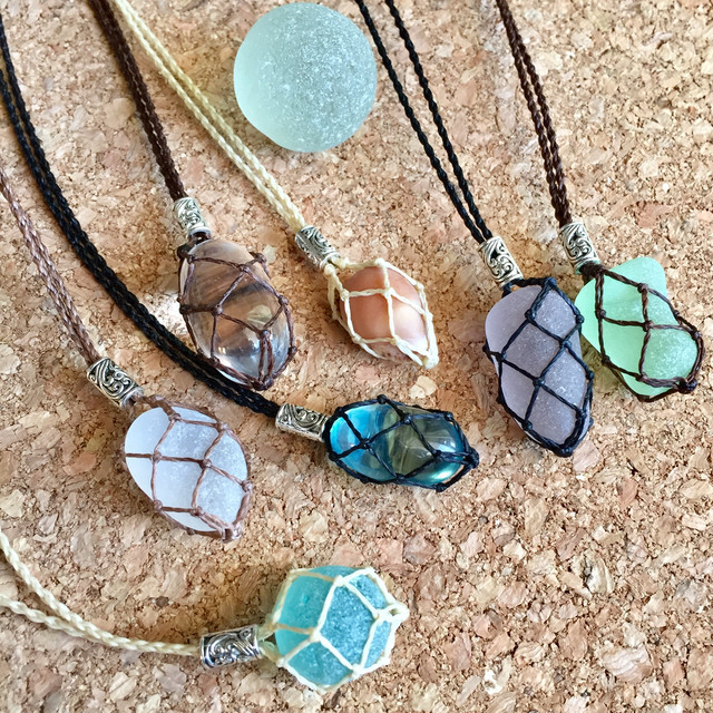 石包み編み ホルダー 35cm ミルクティー Calm シーグラス 貝殻 鉱物