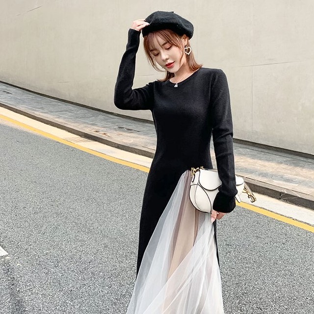 超目玉 セットアップ ニットワンピース チュールスカート 2点セット 長袖 無地 大人可愛い フェミニン ガーリー 女子会 お出かけ ブラック S M L おしゃれ Www Iacymperu Org