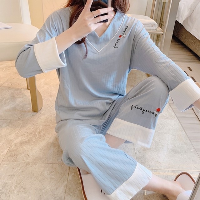 パジャマ レディース 女の子 部屋着 レディース セットアップ レディース 大きいサイズ パンツ ナイトウェア 女性 2点セット 長袖 寝間着 Vネック 春 秋 冬 おうち おうちコーデ Leaflower 001 リーフラワー レディースファッション専門店