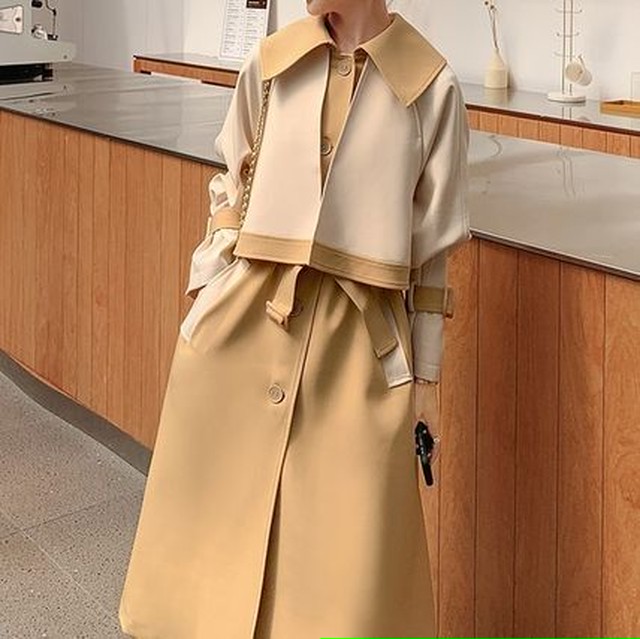 トレンド バイカラーデザイントレンチコート レディースアウター ロング丈 カジュアル 春 ウエストマーク ブラック カーキ ウッディーベース1号店