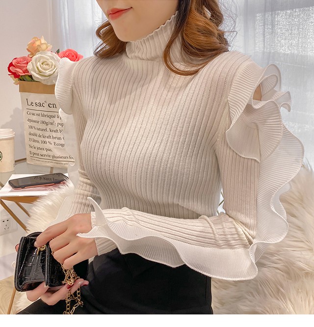 フリル肩出しトップス フリルブラウス フリルトップス フリル袖トップス ハイネックニット ニット リブニット ガーリー 上品 フェミニン 無地 長袖 肩出し 透け感 ハイネック 韓国 オルチャン 韓国ファッション 新作 秋冬 秋 冬 Ut 0724 Musubi Me 韓国 オルチャン