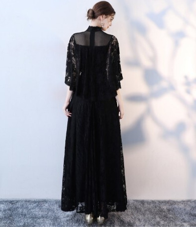 エレガント ロングドレス 黒 レース ポンチョ スレンダーライン ロングドレス Ynswedding23