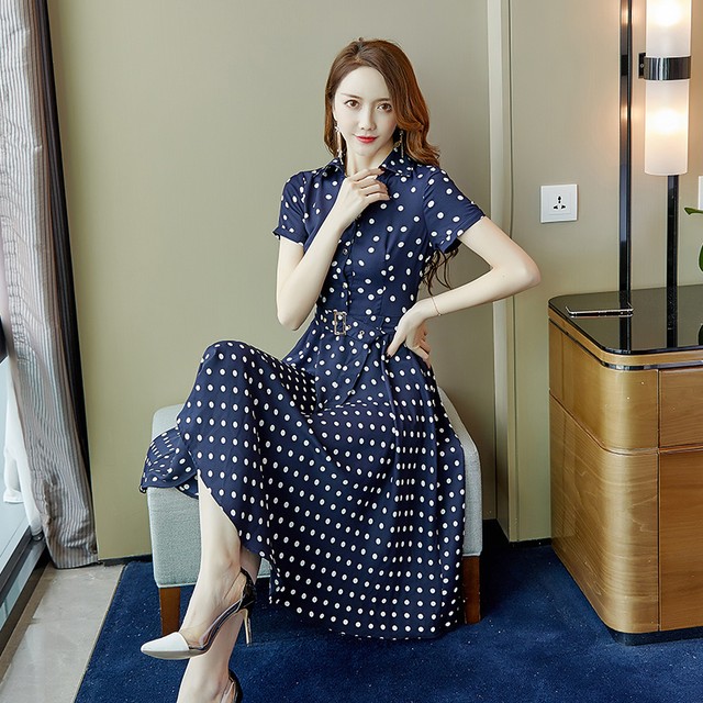 ドット柄 シフォン ワンピース レディース 半袖 ベルト付き ミディアム丈 カジュアル 普段着 大人可愛い きれいめ ロイヤルブルー Luna
