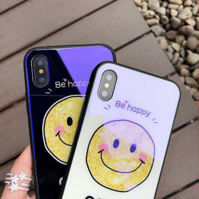 藍色 Iphonex対応 Iphoneケース スマイリー 鏡面 ブルーミラー 強化ガラス キズ防止 可愛い ニコちゃんマーク K S Japan