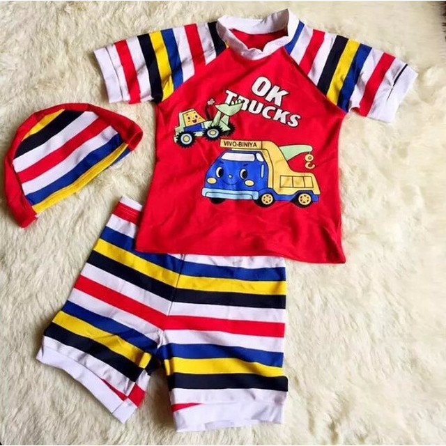 こども用 水着 男の子 ラッシュガード キャップ付 3点セット キッズ ボイーズ トラック柄 車柄 Cocoarum