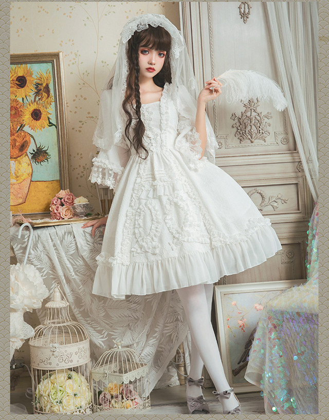 Lolita Op Dress ロリータドレス ウエディングドレス 姫袖 ワンピース オリジナル 甘ロリ ロリィタ 花嫁 お茶会 撮影 Cosplay イベント 春 夏 秋 冬 ロリ S L ホワイト Mintcat