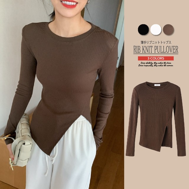 リブニット 長袖 カットソー Tシャツ 丸首 スリット ロンt トップス レディース セーター 30代 40代 50代 通勤 オフィス 着痩せ ニット Mitchie Mary