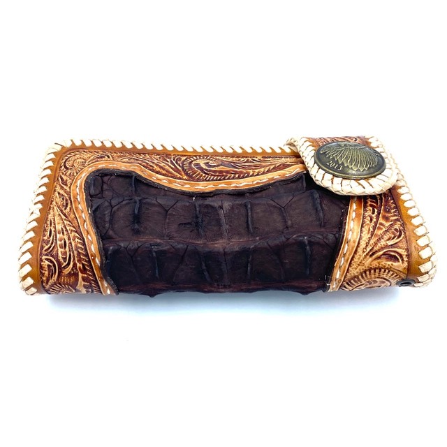 バイカーズウォレット レザーウォレット 長財布 メンズ 30代 クロコダイル ワニ革財布 ライダースウォレット かっこいい おしゃれ カービングウォレット ブラウン コンチョインディアン レザークラフト レザーウォレット ロングウォレット Asian Zacca 熟練の革職人