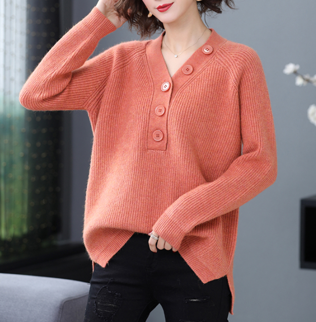 Tops おすすめvネック無地ゆったりボタンデザインセーター着心地よい Nanastyle