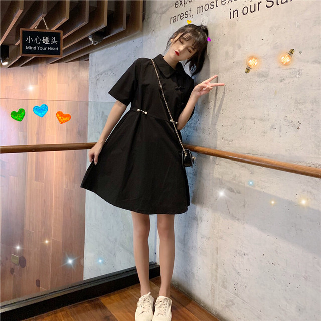 チャイナワンピ風フレアワンピ ワンピース フレア ホワイト ブラック かわいい デート 女子会 韓国 オルチャン 韓国レディースファッション通販 ポワン