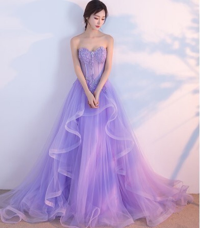 美品 イブニングドレス ラベンダー色 ミニトレーン 短トレーン ベアトップ エレガント 細見えシルエット Cinderelladress