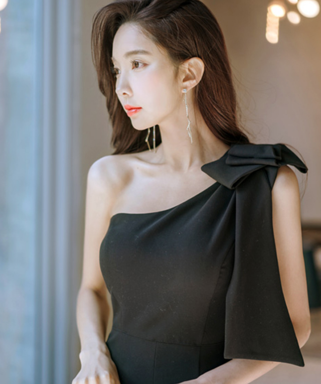 パーティードレス お呼ばれ オフショルダー ワンショル ミディ丈 マーメイド スリム ブラック フォーマル 結婚式 ゲストドレス リボン 5325 ブライズメイド パーティードレス専門店glitter Glamour グリッターグラマー