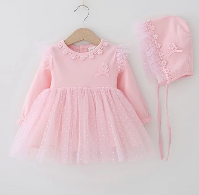 即納 ベビー帽子付き 長袖ワンピースドレス お花モチーフ ピンク ベビー服子供服海外セレクトショップ Kokko Baby