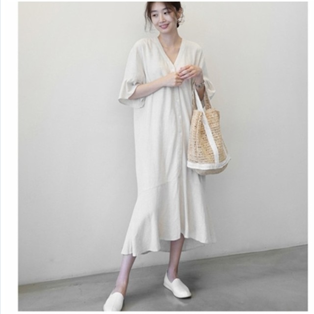 シャツワンピース ロング丈 長袖 ワンピース レデイース きれいめ 春夏 ロング丈 Aラインワンピース 半袖 Vネック 無地 おしゃれ ゆった Basecamp49