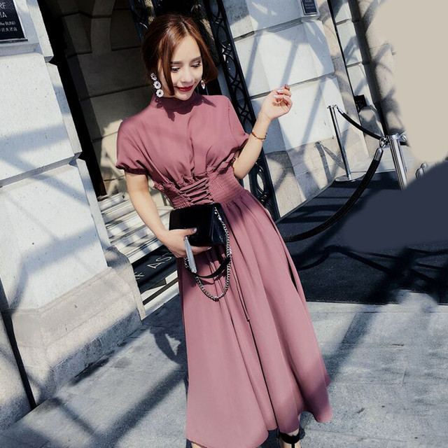 上品 レースアップ ハイウエスト ワンピース くすみカラー パープル ワンピースドレス ロングワンピース フォーマルワンピース マキシ丈 ロング丈 九分丈 清楚 上品 フェミニン ガーリー カジュアル エレガント クラシカル きれいめ フォーマル お呼ばれ パーティー 通勤