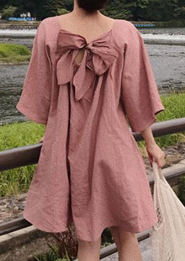 七分袖 ワンピース ミニ丈 ピンク ベージュ 無地 18 ゆったり Uネック リボン シンプル カジュアル 可愛い 春夏 Jm6052 ワンピ の里