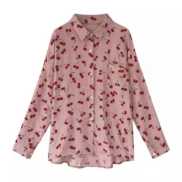 送料無料 レディース トップス シャツ ブラウス 長袖 ポロ襟 さくらんぼ プリント 柄 可愛い 体型カバー ホワイト ピンク ゆったり Ustr