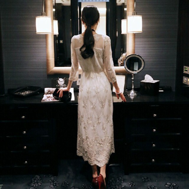 ドレス マキシドレス 毎日ドレス オケージョンワンピース ワンピース ロングドレス パーティードレス 呼ばれワンピース 結婚式フォーマルドレス ミディアムドレス 夏 レース 刺繍 レトロ 花柄 七分袖 ロング ベーシックカラー 大きいサイズ Seriep