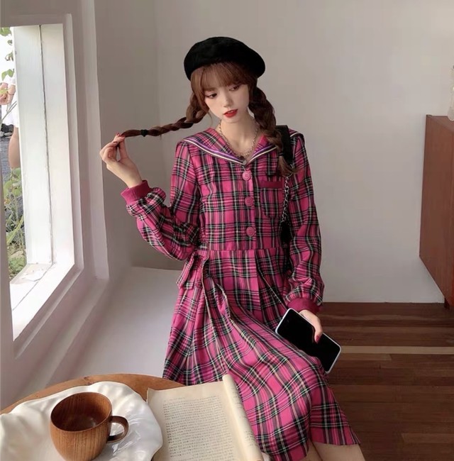 レディースファッション ワンピース チェック柄レトロ ミモレ丈 ロングワンピース 2色 シャツワンピ 新作 秋コーデ More Lluze モア ルーゼ