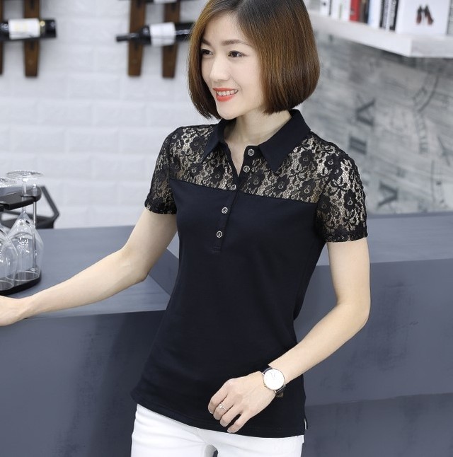 透かし編みレースが大人可愛い襟付きシャツ 半袖 ポロシャツ 透け感 シースルー 上品 スリム タイト 春夏 大きいサイズ エレガント Lalas