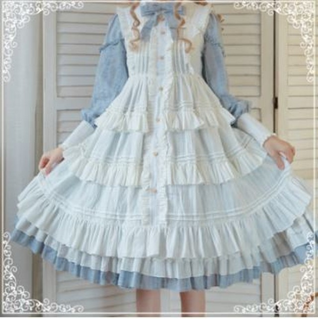 エプロンスカート 通年 甘ロリ ジャンスカ ワンピース ワンピ ミディアム フレア ふんわり レース フリル かわいい キュート 大きいサイズ サイズ豊富 ボタン ノースリーブ メイド風 姫ロリ ゴスロリ ロリータファッション Loli34 Luxury