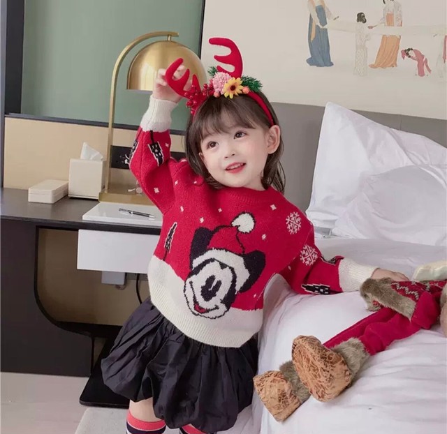 Ksnt1 送料無料 Kids Baby クリスマス Mickey プリントニット ミッキーニット クリスマスミッキー Mickey ニット プルオーバー 親子コーデ 家族コーデ リンクコーデ ミッキートレーナー クリスマスコーデ クリスマスニット Luana