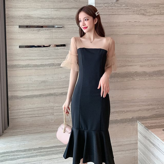 ブラック Mサイズ 気質セクシー フィッシュテールワンピース 切り替え ハイウエスト プルオーバー ラウンドネック レーススリーブ お呼ばれ Mep1101