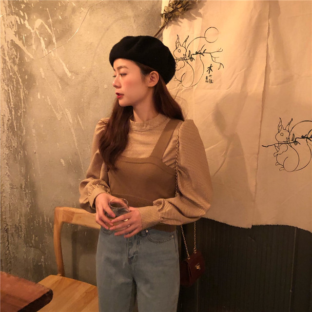 チェック柄 ブラウス パフスリーブ チェックシャツ チェックブラウス ビスチェ トップス ビスチェ セットアップ ビスチェ ニット ビスチェ 付きトップス ビスチェ 冬 セットアップ ツーピース 2点セット ガーリー カジュアル シンプル 韓国 オルチャン 韓国ファッション