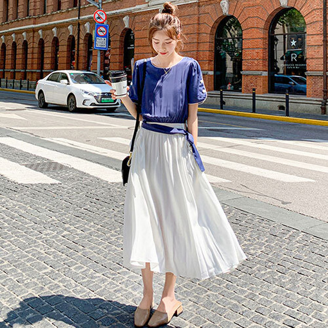 ワンピース ネイビー ウエストリボン シフォン 薄手 清潔感 マキシ丈 ラウンドネック テリアスカート 半袖 Aライン 爽やか ハイウエスト ヤングレディー 清涼感 夏 ２０代 ３０代 ４０代 くすみカラー Rb R3 19 Sa05 0057 Redbell