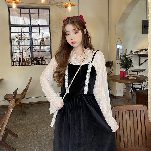 全2種 ワンピース ベルベット ミモレ丈 レース インナー トップス ブラウス ゆったりめ ハイネック 上品 トランペットスリーブ キャミワンピース フレア フリル ガーリー 可愛い カジュアル きれいめ デート 大人可愛い 長袖 春 Like Fashion