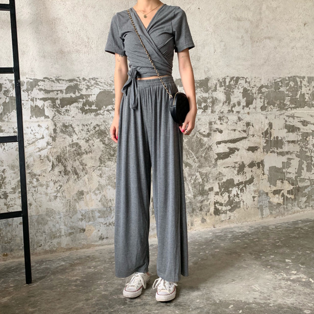リラックスコーデ ワントーン セットアップ おうちコーデ おうちファッション ラップtシャツ ワイドパンツ ショート丈トップス ゆったり シンプル リラックス 韓国 オルチャン 韓国ファッション 新作 春夏 春 夏 Om 495 Musubi Me 韓国 オルチャン レディース