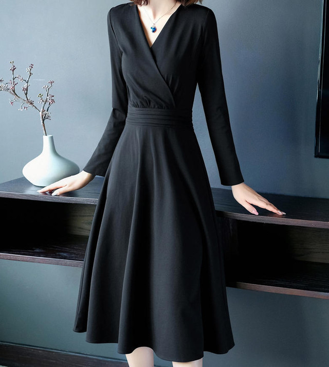 送料無料 喪服 ワンピース 長袖 きれいめ ハイウエスト Aライン Vネック 大きいサイズ ブラック フォーマル エレガント シック 代 30代 40代 ブラック By 460 Imagibune