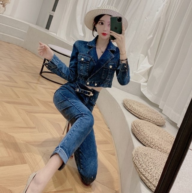 セットアップ ツーピース トップス パンツ デニムパンツ スリム デニムジャケット ハイウエスト アンクル丈 ロールアップ ジーンズ 長袖 スキニー パンツ カシュクール シック お出かけ デート 韓国ファッション 秋 Like Fashion