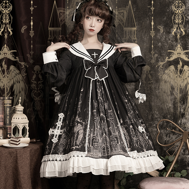 ゴスロリ クラロリ 甘ロリ ロリィタ ロリータ ワンピース セーラーカラー 黒 長袖 リボン 翼 十字架 クロス 夢かわいい 病みかわいい ヴィジュアル系 コスプレ セーラー服 Heart Mart