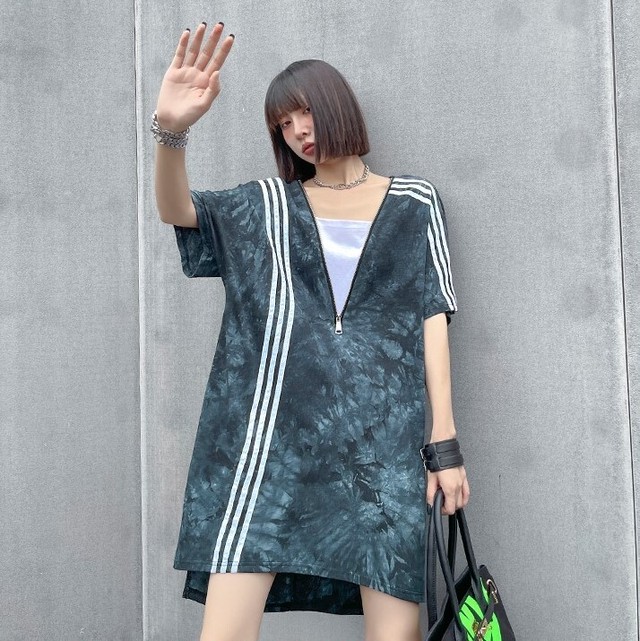 タイダイ柄 ワンピース チュニック Tシャツ 3本 ライン 絞り染め 半袖 ルーズ 大きいサイズ ゆったり オーバーサイズ Tyk Mapoche マポッシュ Base店