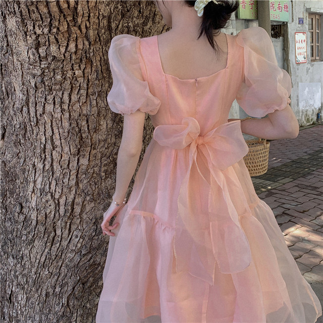 送料無料 ふわふわガーリー オーガンジー フレアワンピース カシュクールワンピース Vネック 半袖ワンピース 半袖 パフスリーブ ボリューム袖 盛り袖 ミモレ丈ワンピース ミモレ丈 ワンピースドレス サマーワンピース ドレス ワンピース オケージョンワンピース ハイ