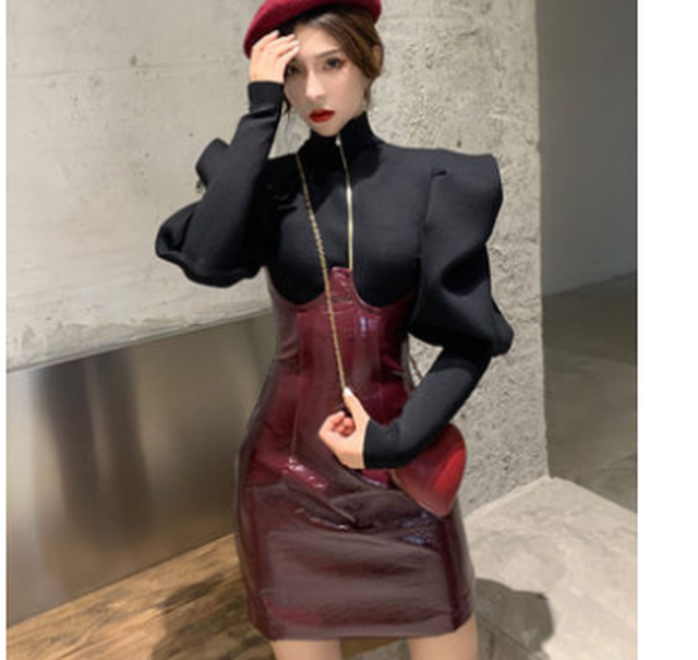 長袖ビッグパフスリーブpuチューブトップスワンピース E 255 Lilyange