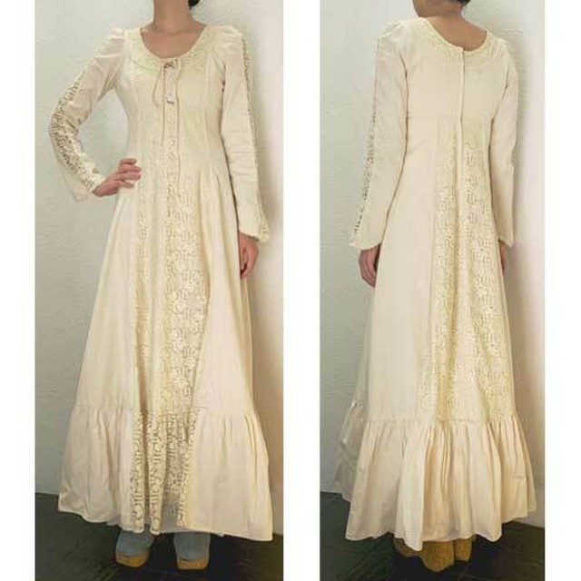 レア Xs Mサイズ アメリカ製古着 Gunnesax 黒タグ アイボリーにレースアップ マキシ丈ワンピース 中古 Coolklothes