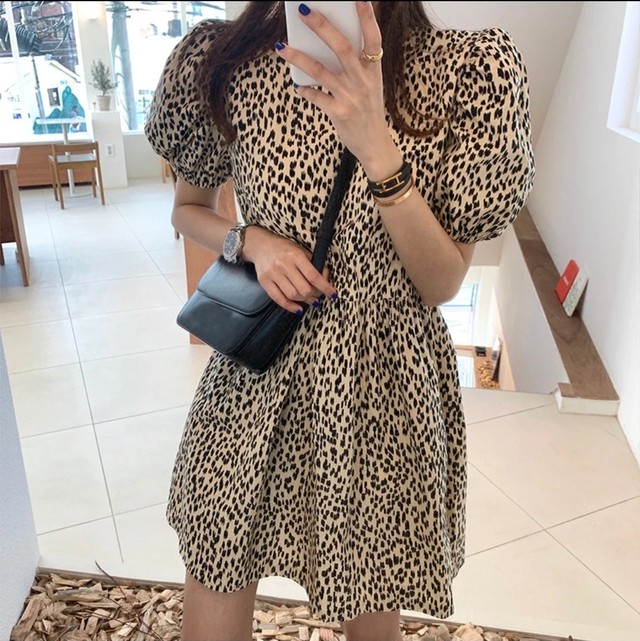 レオパード柄 パフスリーブワンピース 韓国ファッション ガーリーファッション パフスリーブ アニマル柄 Fee Lulu