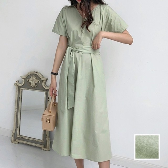 取り寄せ品 注目のペールカラー Vネック 半袖 ロングリボンタイ ワンピース Lavenderlane Fashion Shop