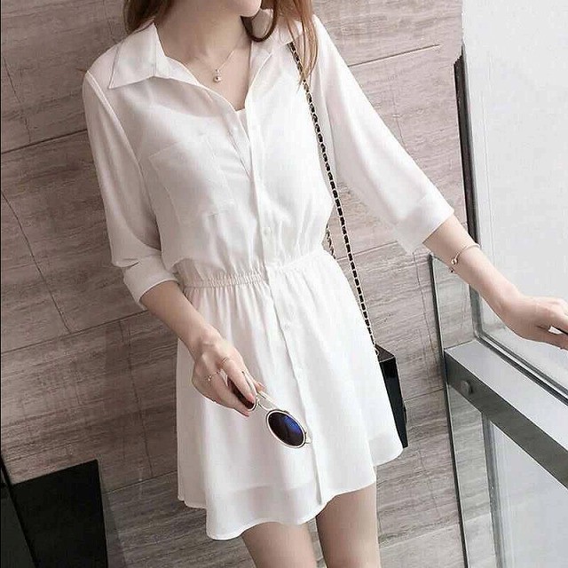 シャツワンピース ワンピース きれいめ コーデ 40代 50代 30代 シャツワンピ シャーリング 無地 シンプル ミニ丈 ショート丈 七分袖 代 デート 女子会 旅行 おしゃれ 大人 可愛い Dress No Sato