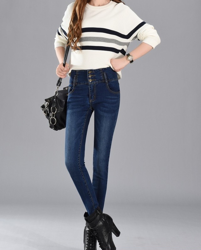 ジーンズ スキニー デニム 青 黒 裏地無 裏地有 ハイウエスト 股上深め ウエストゴム入り 秋冬 カジュアル かわいい スリム デイリー使い ショッピング 旅行 動きやすい おしゃれ 暖かい 防寒 Sea Sign Post