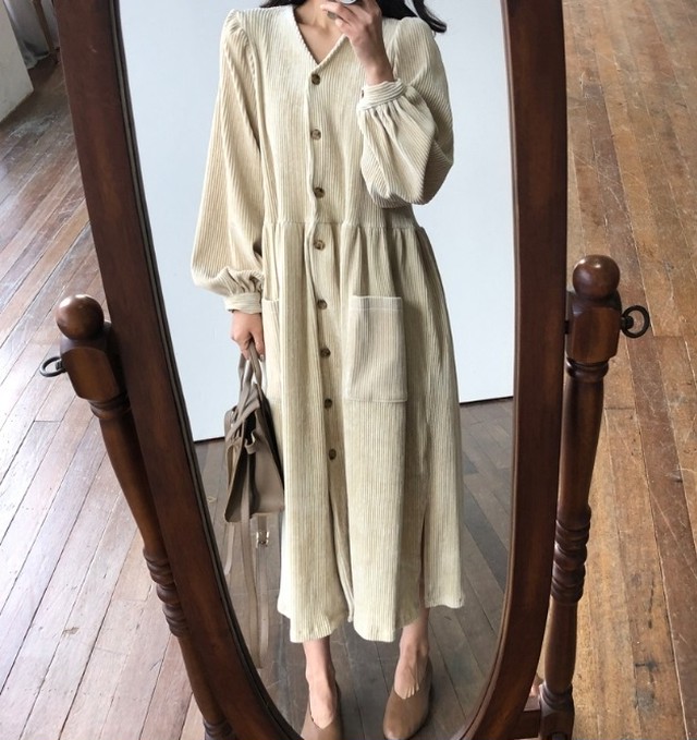 秋 ワンピ Vネック シャツワンピース ロング コーデュロイ 韓国 ファッション レディース ロングワンピース 春 コーデュロイ ワンピース オーバーサイズ ゆったり ボタンワンピース Vestito