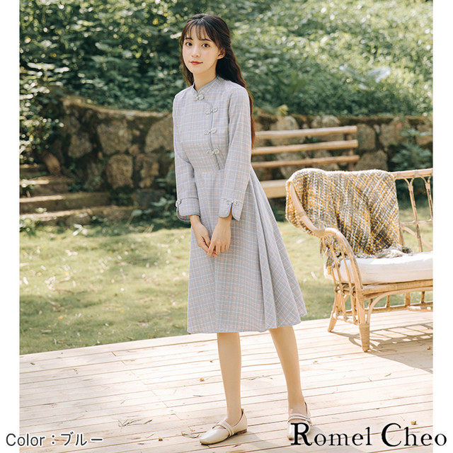Romelcheo チェック チャイナ風 ワンピース チャイナボタン 膝丈 レディース 九分袖 カジュアル フレア チャイナ服 チャイナ ドレス 漢服 原宿系 ゆめかわ 病みかわ 青文字系 ファッション ロメルチェオ Romelcheo