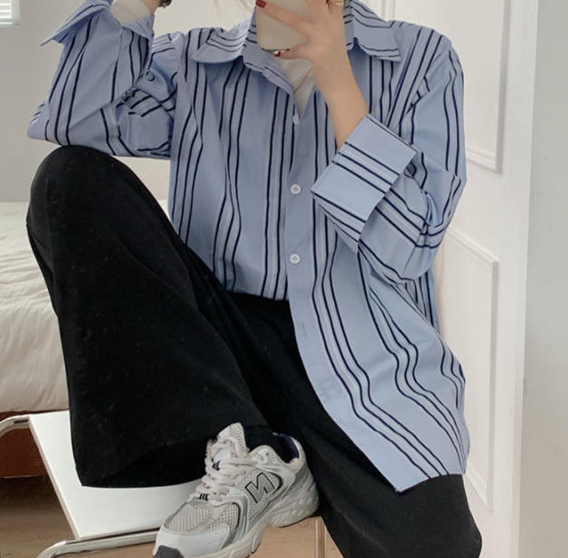 シャツ ブラウス 長袖 韓国 ファッション レディース トップス ストライプ ゆったり カジュアル 大人可愛い シンプル 春 新作 Cocotown